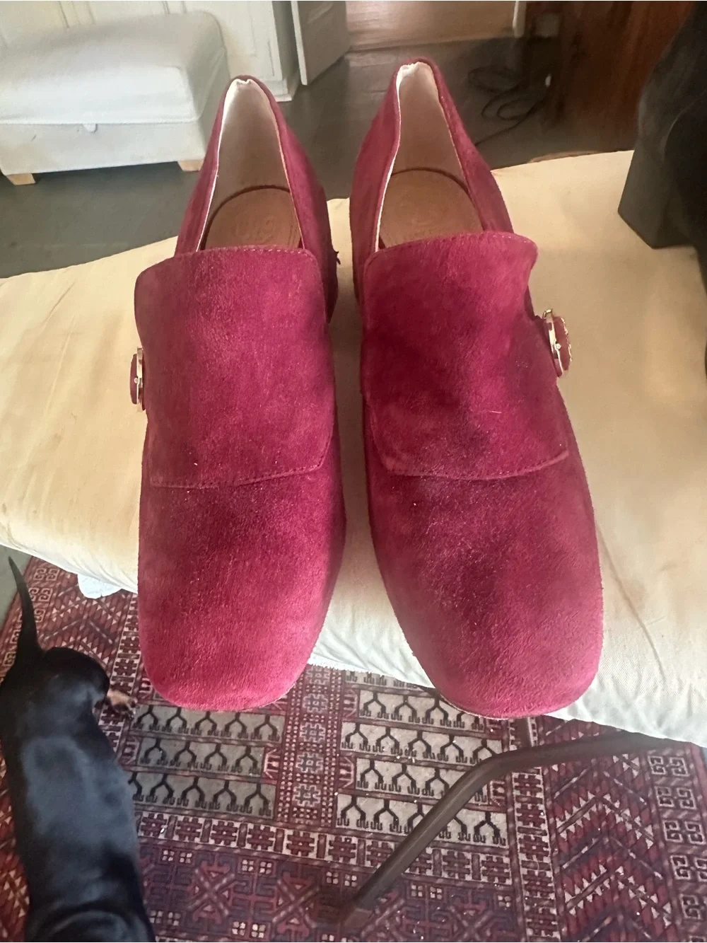 Tory Burch Burgundy Velvet Block Heel Loafers with Gold Accent